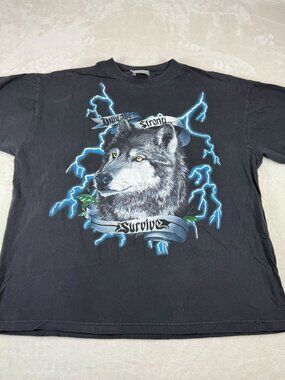 Vintage 90s American Thunder Only The Strong Survive Wolf Lightning XXL Mens T S